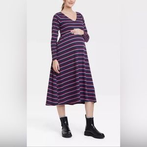 The Nines by HATCH Long Sleeve Maternity Dress Burgundy Striped